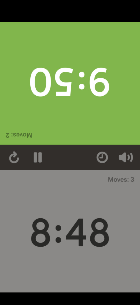 A digital chess clock on a phone screen is shown after several moves have been made