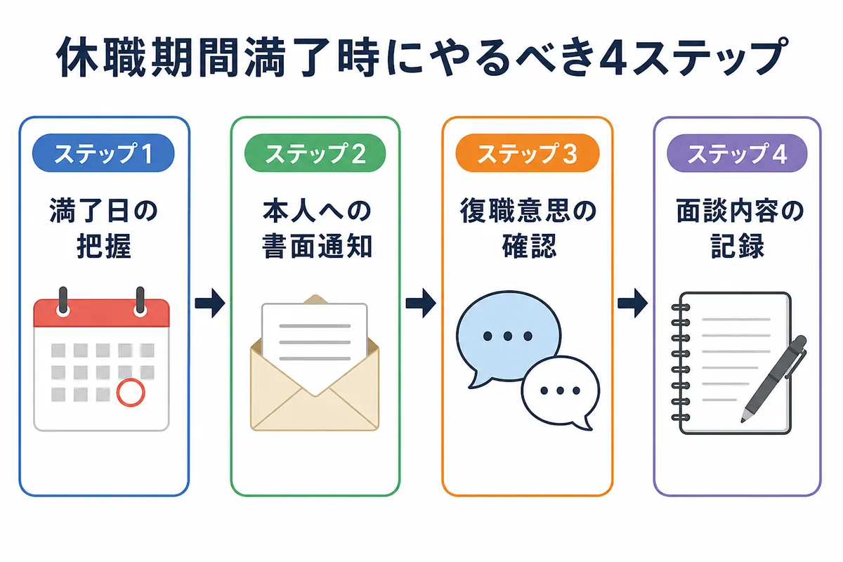 休職期間満了前の4ステップ（満了日の把握、本人への書面通知、復職意思の確認、面談内容の記録）を順に示した図