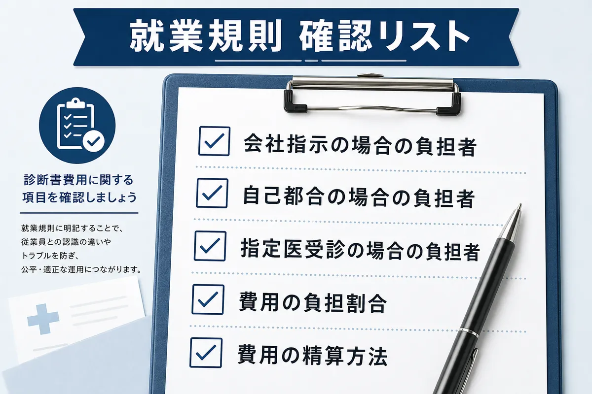 就業規則の確認リスト。会社指示の場合・自己都合の場合・指定医受診の場合の負担者、費用の負担割合、精算方法を並べた図