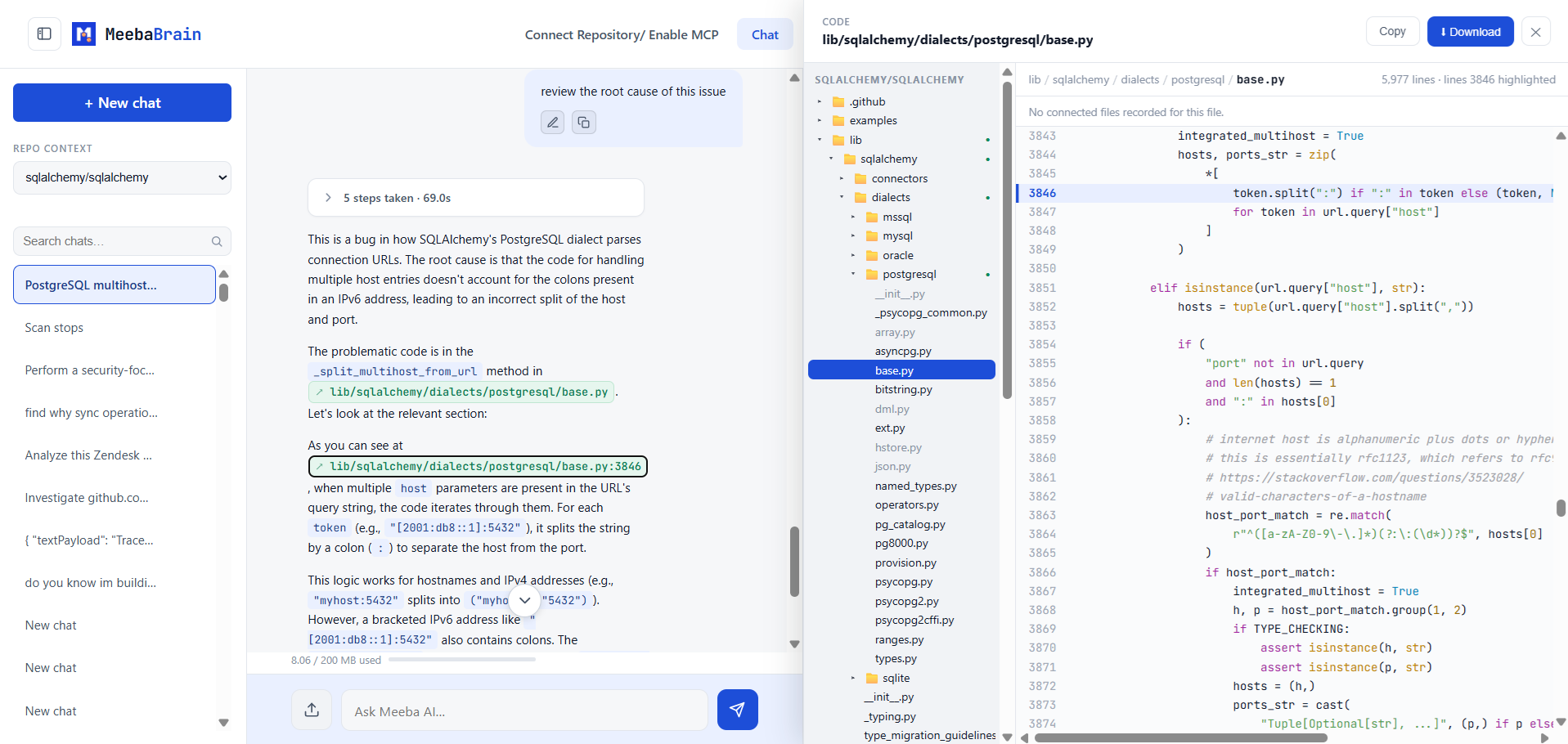 Meeba Brain answering a root-cause question about SQLAlchemy's PostgreSQL dialect: the answer cites lib/sqlalchemy/dialects/postgresql/base.py:3846, and the cited file is open beside the chat with the repository's folder tree and line 3846 highlighted.