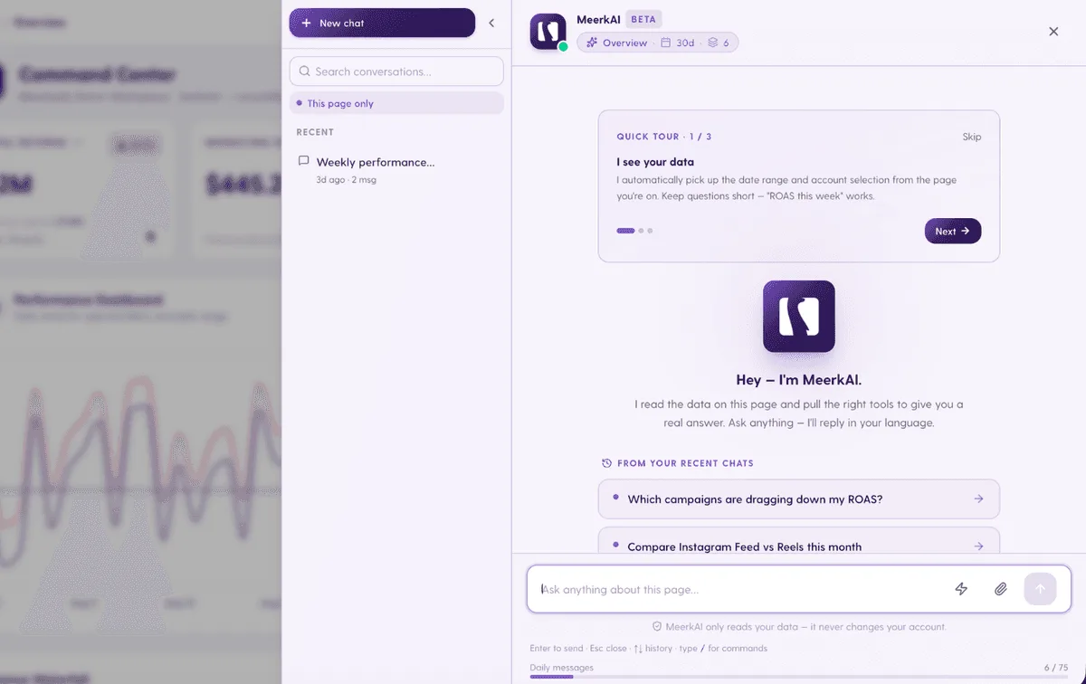 Interfaz de producto de Meerkads en Recursos, Comparativa con alternativas a Dashthis: dashboards white-label con análisis de IA integrado