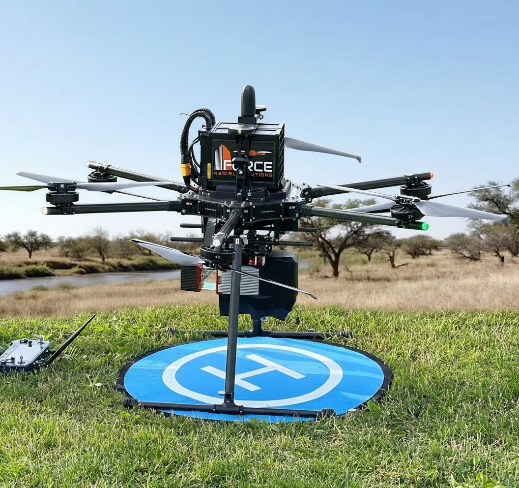 drone surveying construction site in San Antonio with LiDAR sensors capturing terrain data