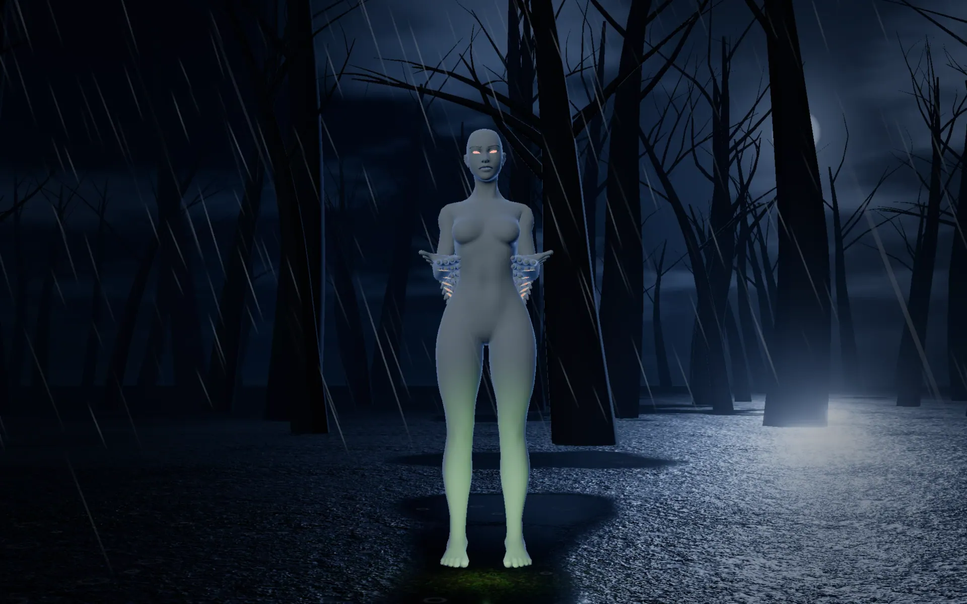 1karm — A browser horror scene in Three.js — a zombie girl loops the many-armed vocabulary of the Thousand-Hand Guan Yin dance in a dark, rain-soaked forest.