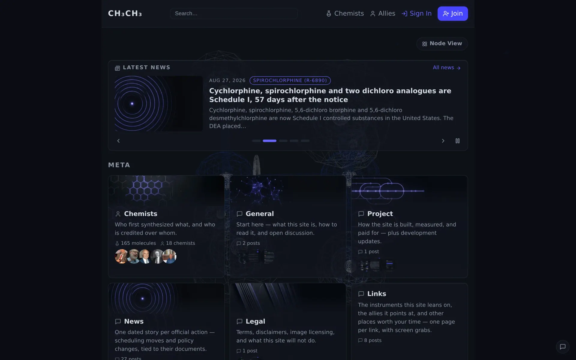 CH3CH3 — A harm-reduction community for 5,489 substance areas — and Substrate, the passkey-only community engine underneath it.