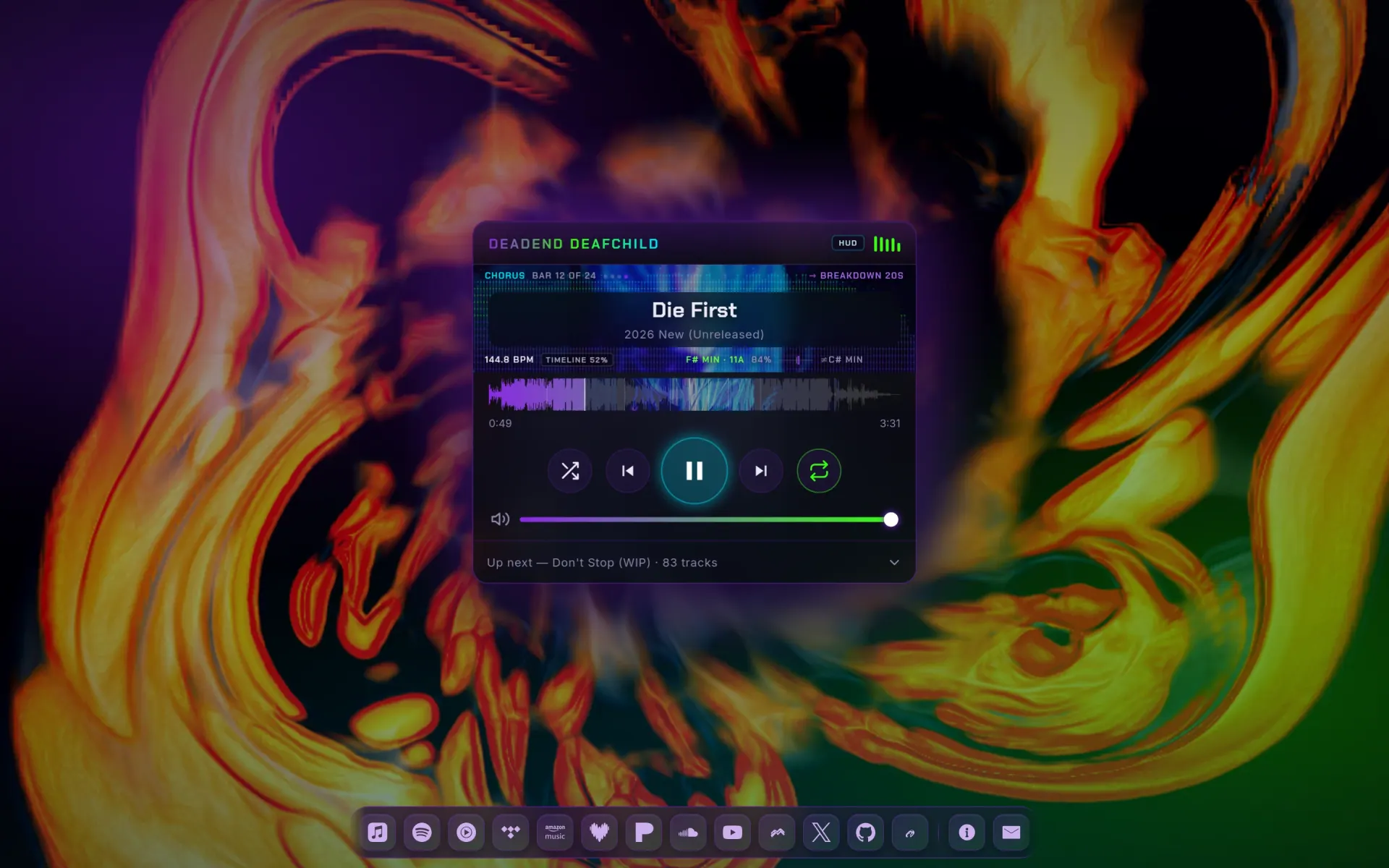 Deadend Deafchild — Audio-reactive music player for an industrial-electronic act — a single Go binary with the whole frontend embedded, MilkDrop visuals driven by precomputed beat/key/section analysis, and 83 tracks free to download.