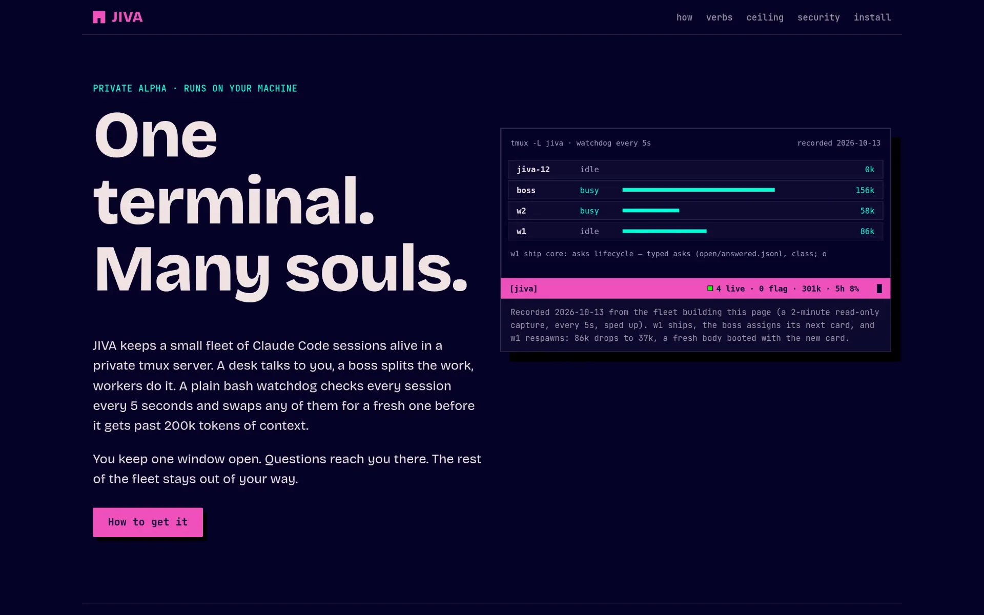 JIVA — One terminal, many souls — a self-healing fleet of Claude Code sessions on a private tmux server, with a desk, a boss, workers and a bash watchdog.