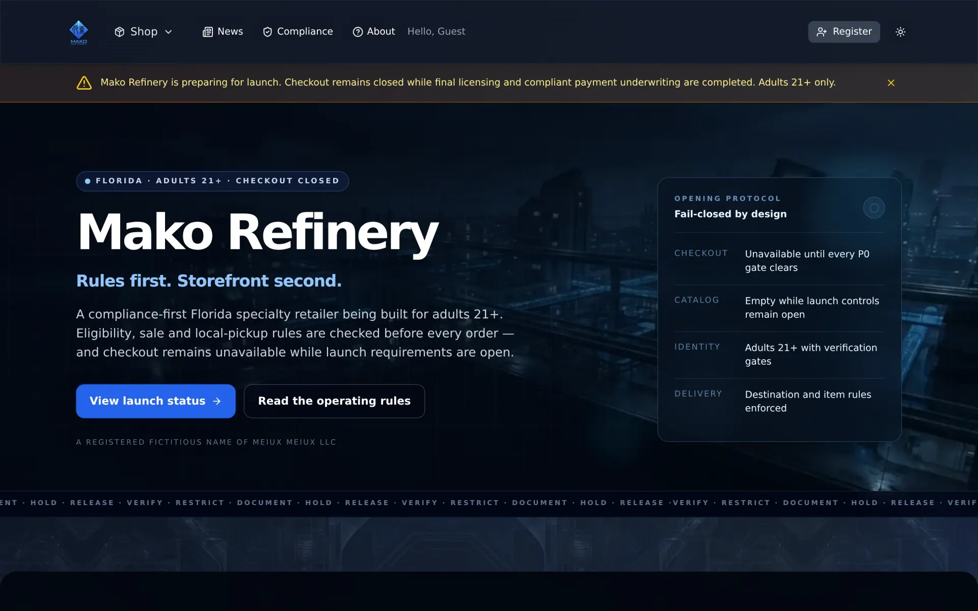 Mako Refinery — Regulated 21+ storefront — passkey-only auth, a sourced federal/state/county restriction engine enforced at checkout, COA-gated publishing, scheduled local pickup, and camera-to-catalog AI intake on a Go + PostgreSQL backend.