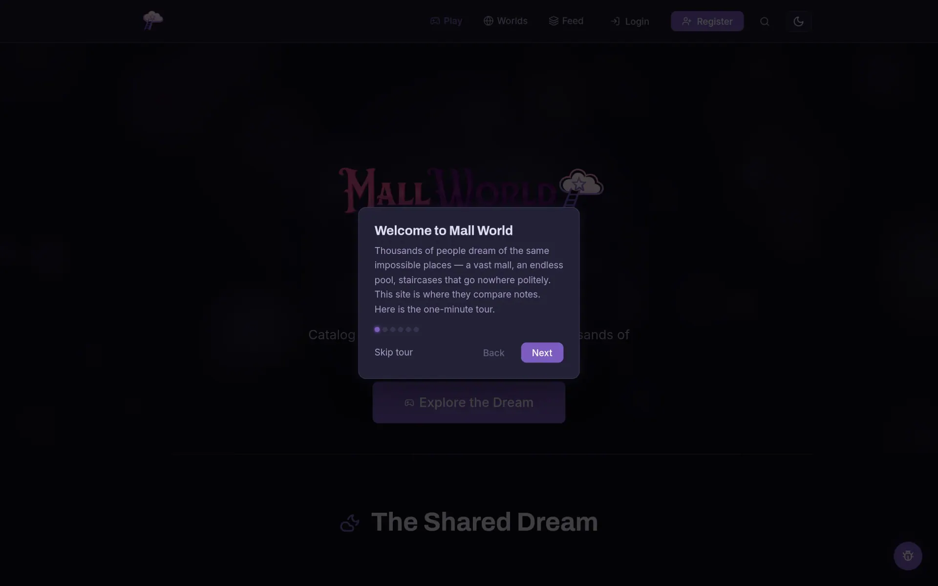 Mall World — Catalog and explore the impossible places thousands of people visit in their dreams — then walk them in your browser.