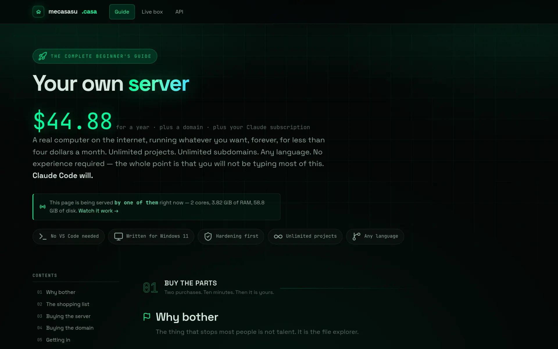 mecasasu.casa — A complete beginner's guide to renting a server, locking it down, and letting an agent build on it — served by the box it describes, with live telemetry to prove it.