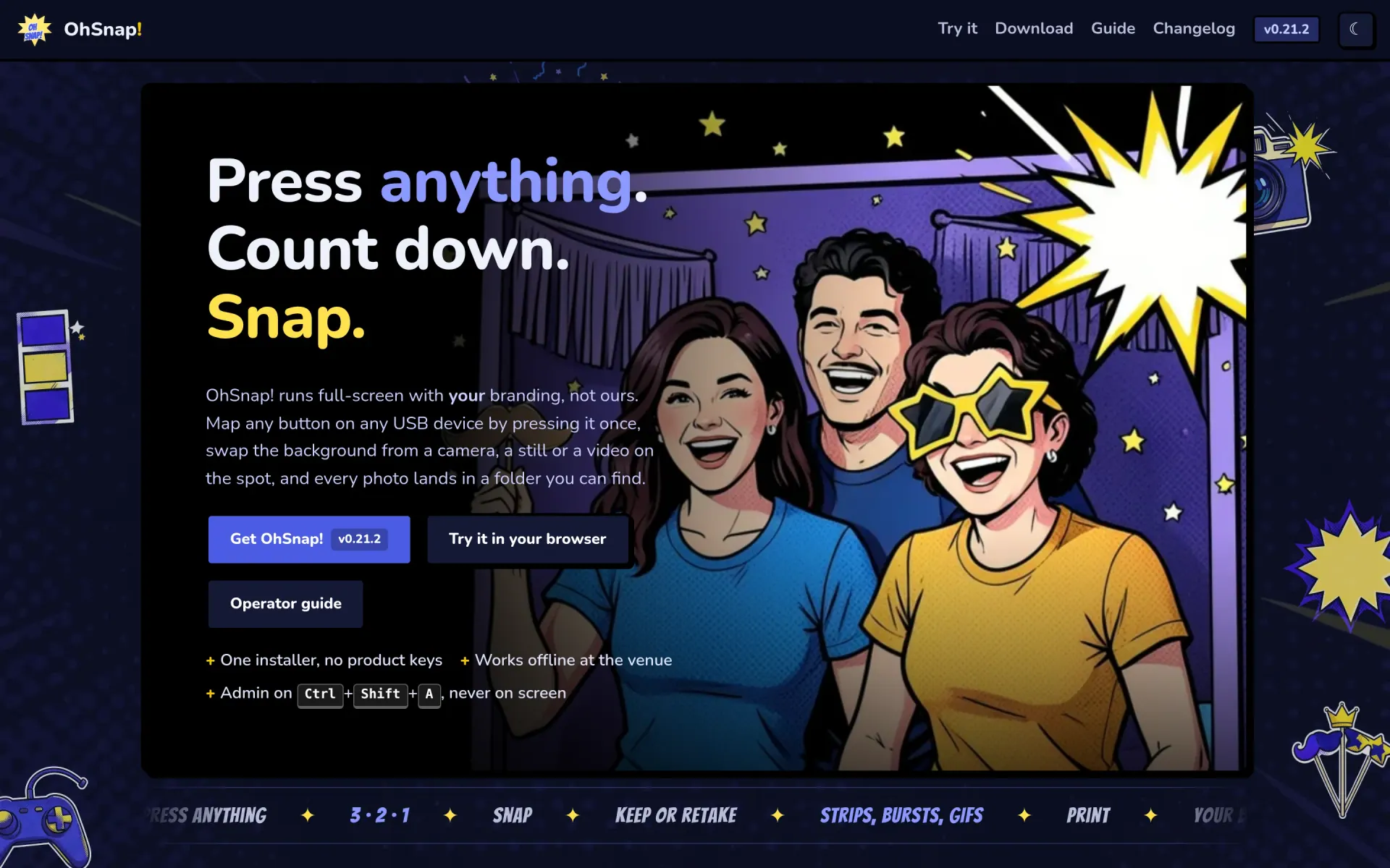 OhSnap! — A Windows 11 photo booth that snaps on anything — map any button by pressing it once, brand every pixel, install in one click.