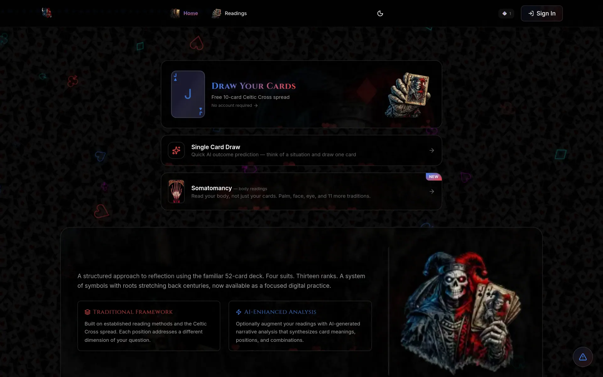 Playing Card Tarot — Cartomancy with a 52-card deck, plus AI-vision body readings — animated, free.