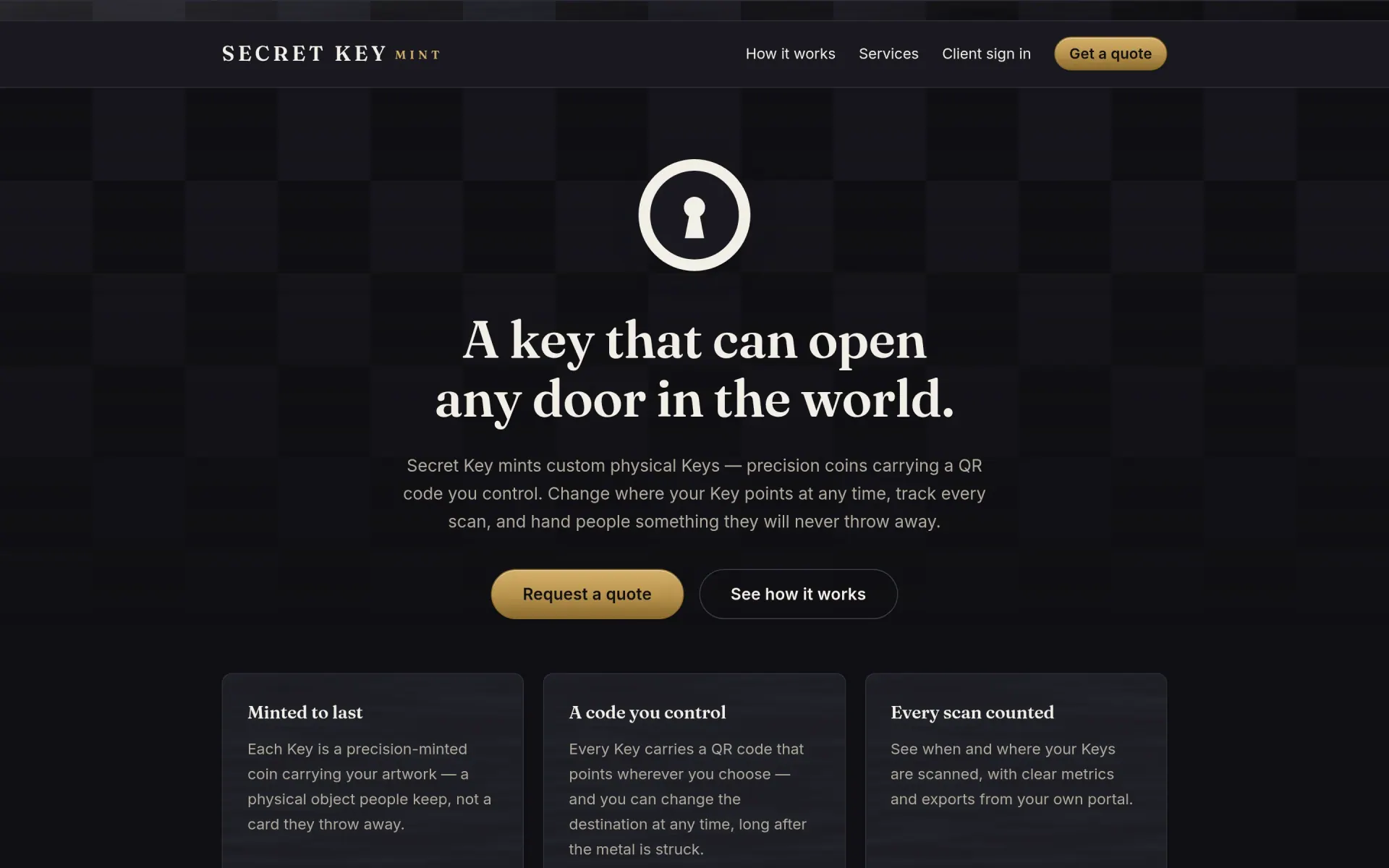 Secret Key Mint — Minted metal coins carrying a QR code the owner can repoint forever — with the scan metrics to prove it worked.
