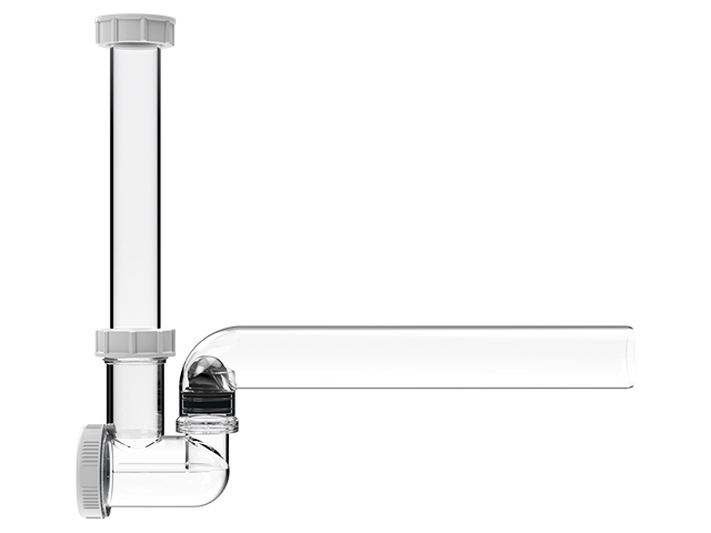 Kugel-Kondensatsiphon DN40 transparent, Abgang waagrecht mit Anschluss 5/4" senkrecht mit Wassergeruchsverschluss und mechanischer Geruchssperre