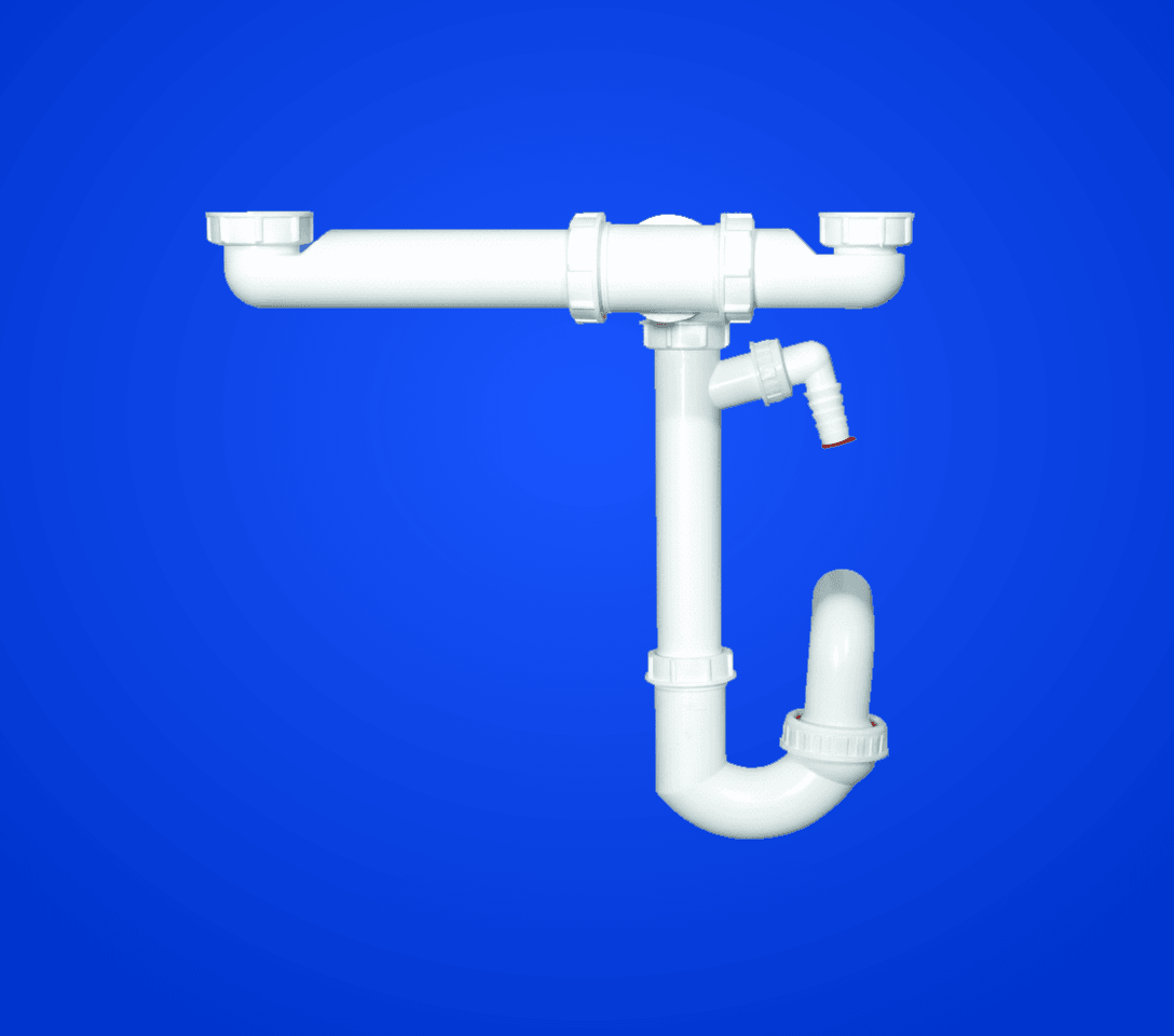 Raumsparsiphon DN50x6/4" mit Kugelgelenk, Waschgeräte-Anschluss und Ablaufverbindung DN40x6/4"