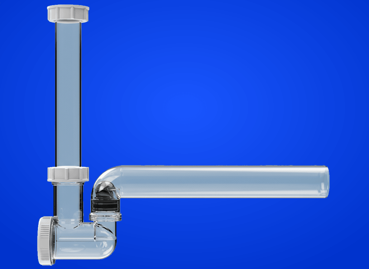 Kugel-Kondensatsiphon DN40 transparent, Abgang waagrecht mit Anschluss 5/4" senkrecht mit Wassergeruchsverschluss und mechanischer Geruchssperre