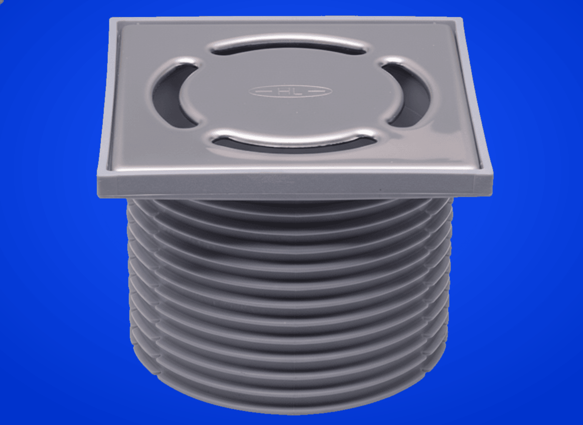 Aufsatz d 110mm mit Geruchsverschluss Primus blue, Kunststoffrahmen 123x123mm / Edelstahlrost 115x115mm, Baustützrahmen