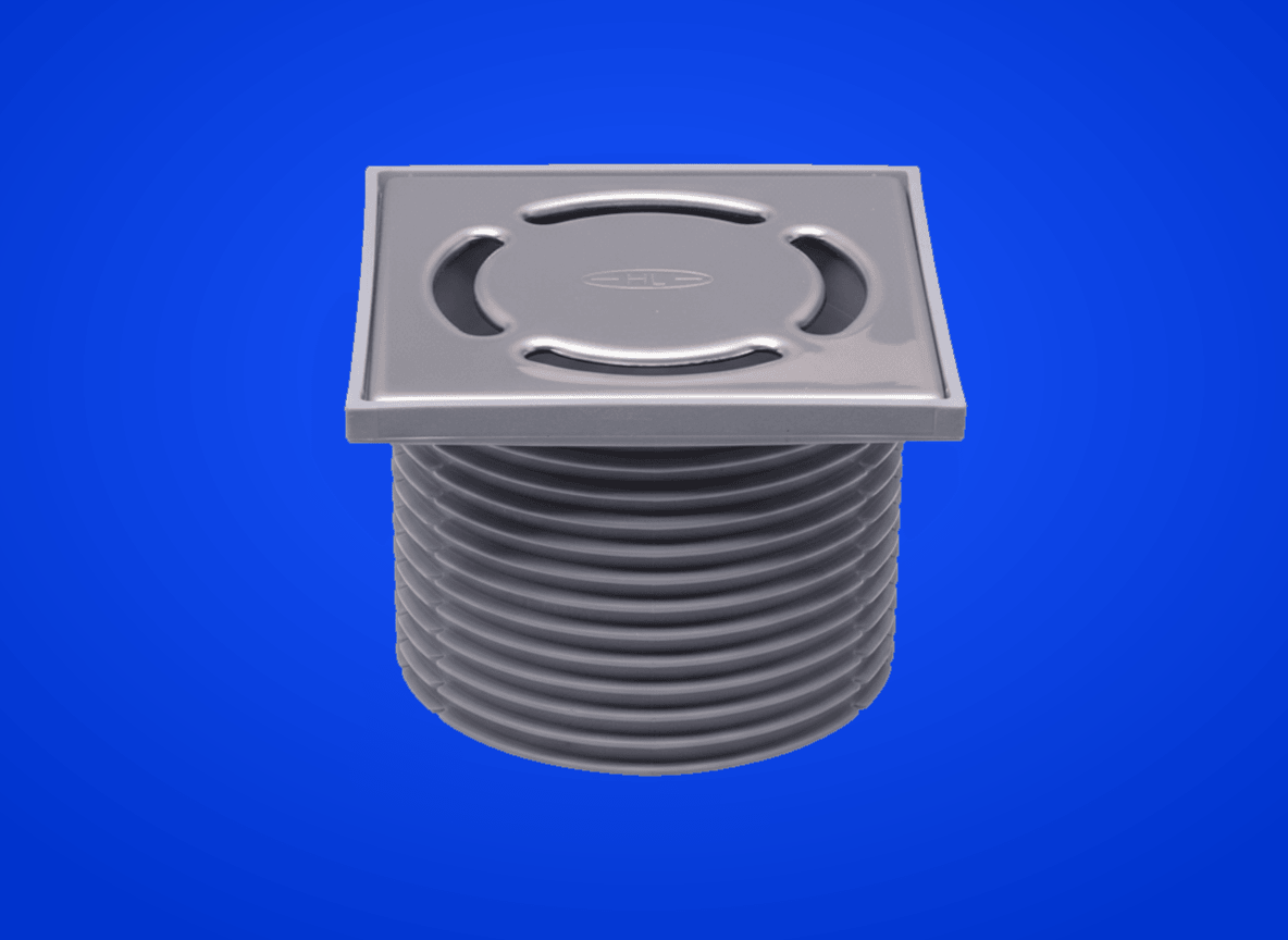 Aufsatz d 110mm mit Geruchsverschluss, Kunststoffrahmen 123x123mm / Edelstahlrost 115x115mm , Baustützrahmen