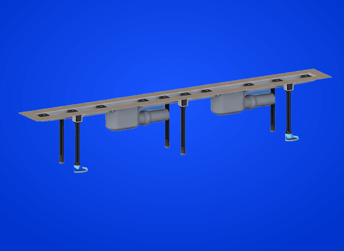 Edelstahl Duschrinne zum Flächeneinbau inkl. 2 Abläufen DN50, Montagematerial u. Bauschutz, o. Abdeckung, Einbaulänge 1100mm