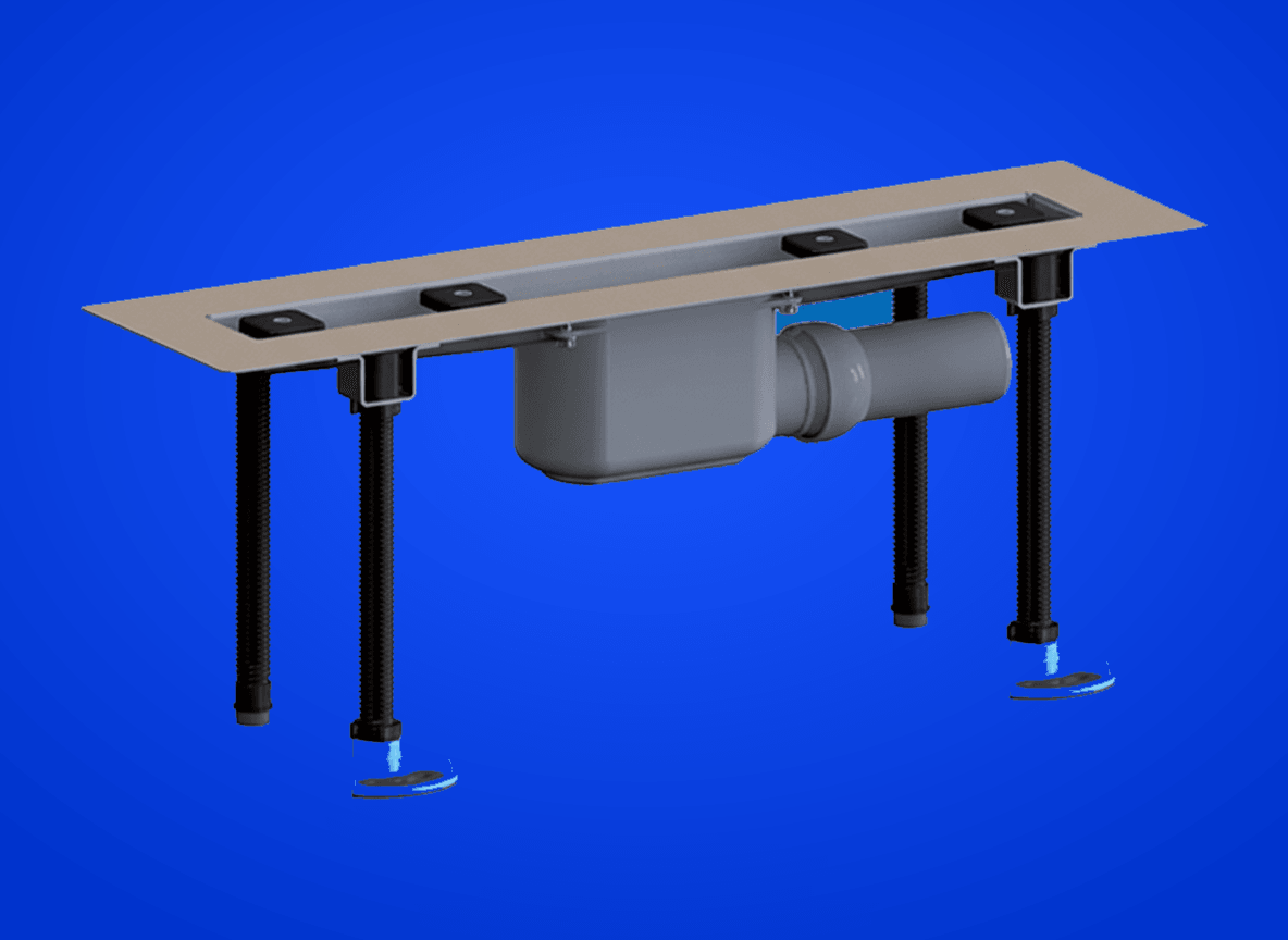 Edelstahl Duschrinne zum Flächeneinbau inkl. Ablauf DN50, Montagematerial u. Bauschutz, o. Abdeckung, Einbaulänge 1100mm