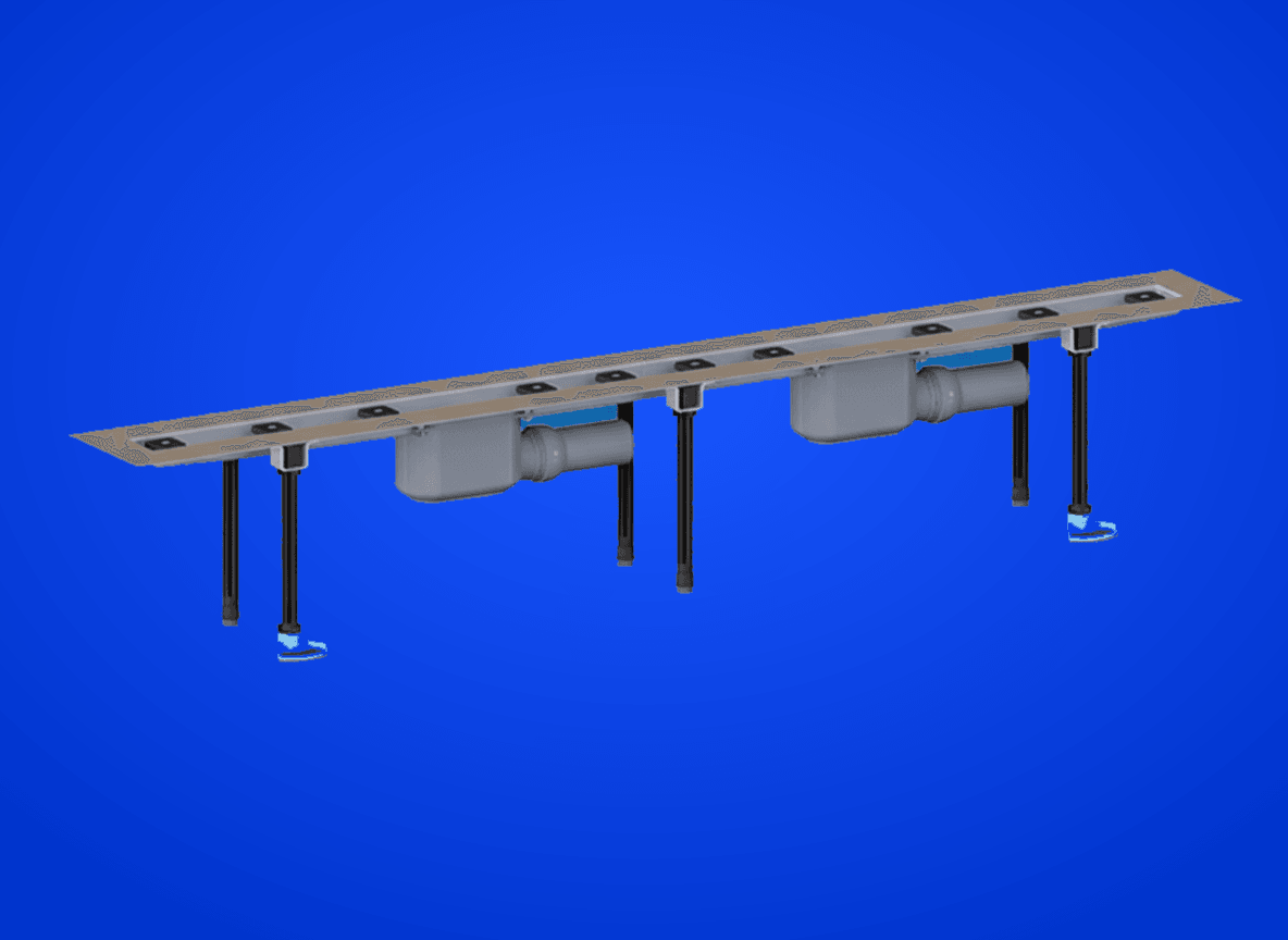 Edelstahl Duschrinne zum Flächeneinbau inkl. 2 Abläufen DN50, Montagematerial u. Bauschutz, o. Abdeckung, Einbaulänge 1200mm
