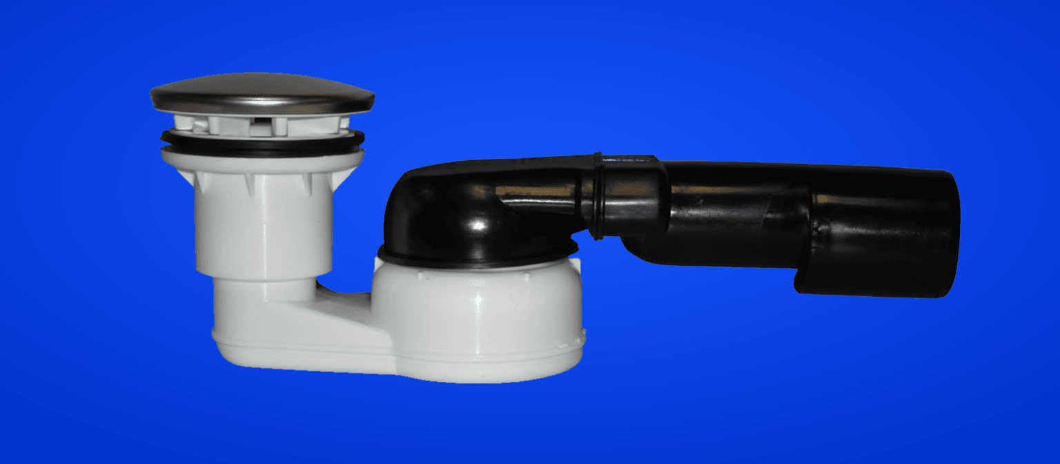 Brausetassensiphon DN40/50x6/4" waagrecht mit Kugelgelenkanschluss und Abdeckplatte Edelstahl d 86mm