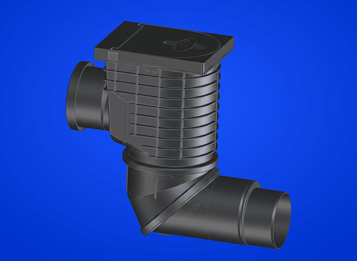 Regensinkkasten mit seitlichem Anschluss DN110 für Regenwasserfallleitungen und Abgang DN110/125 mit Drehgelenk, Laubfangkorb, mechanischer Geruchsklappe und Reinigungsdeckel