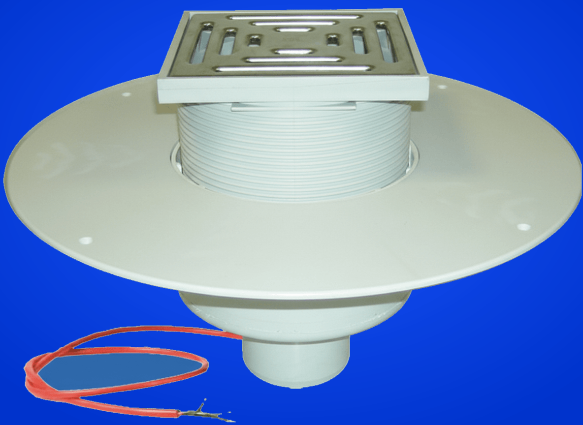 Dachablauf DN110 mit PVC-Kragen und Heizung (10-30W/230V). Begehbar - 148x148mm / 137x137mm