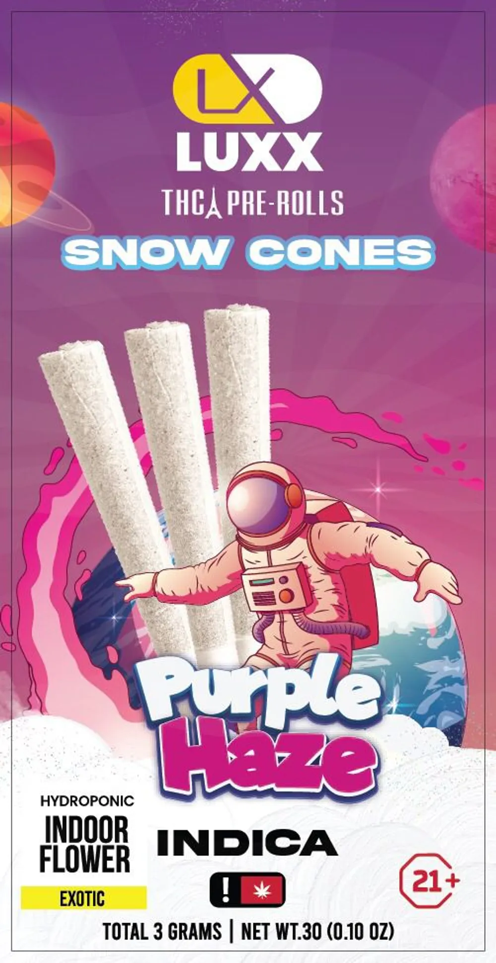 LUXX THCA Snow Cones- Purple Haze -3x1g pre-rolls | Indica: Purple Haze