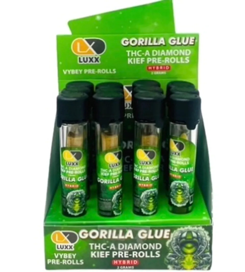 Luxx Vibey THC A Diamond Kief 12-2g Pre Rolls Gorilla Glue | 2g Hybrid: Gorilla Glue