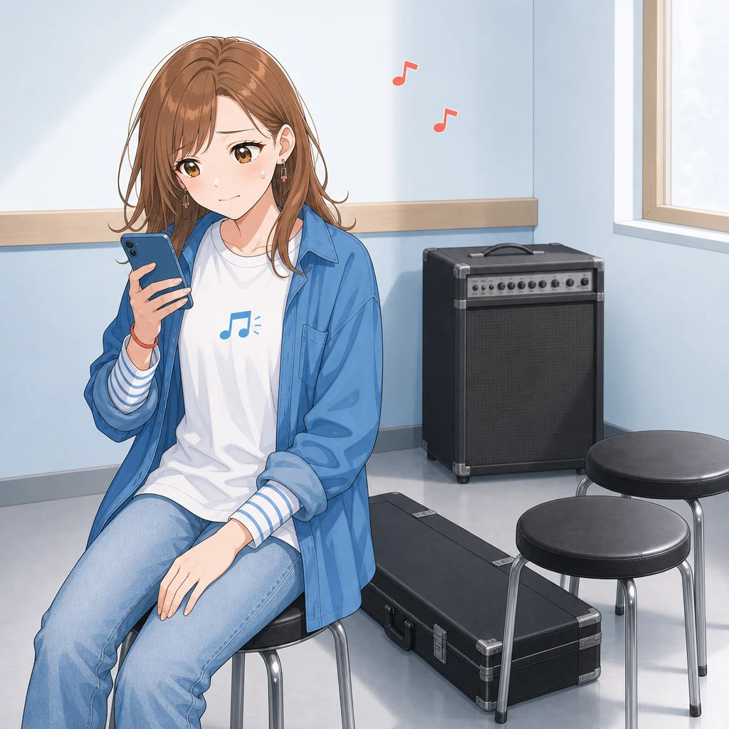 誰も来ないスタジオで、椅子に座ってスマホを見ながら待つ奏