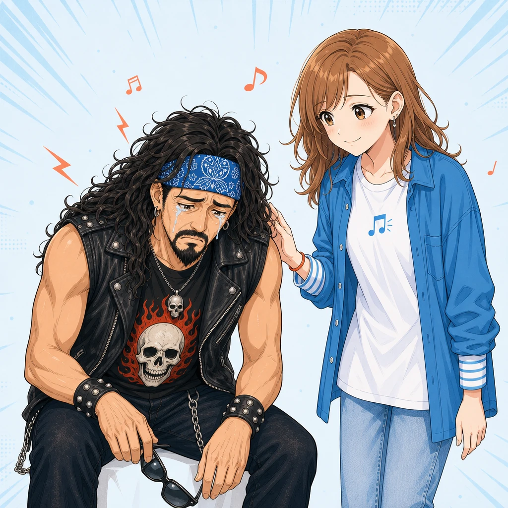 サングラスを外して肩を落とすロックおじさんと、それをなだめる奏