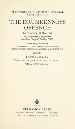 The Drunkenness offence;: Proceedings of an international symposium