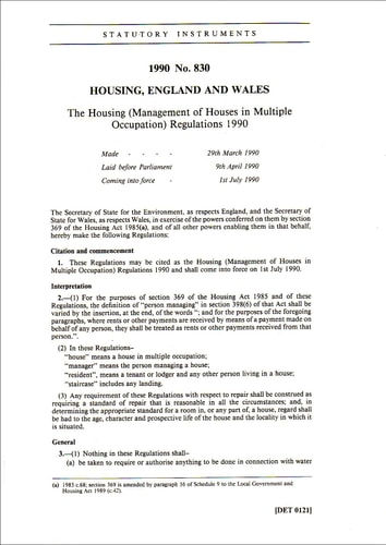 The Housing (Management of Houses in Multiple Occupation) Regulations 1990 (Statutory Instruments: 1990)
