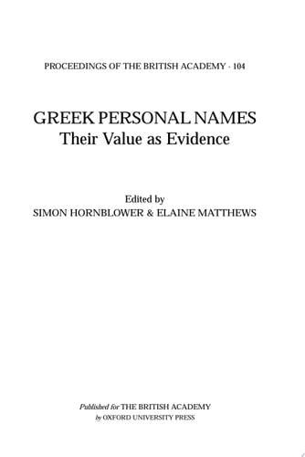 Greek Personal Names: Their Value as Evidence