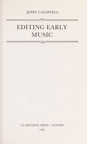 Editing Early Music (Early Music Series, 5)