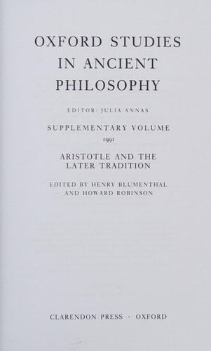 Aristotle and the Later Tradition: Supplementary Volume 1991