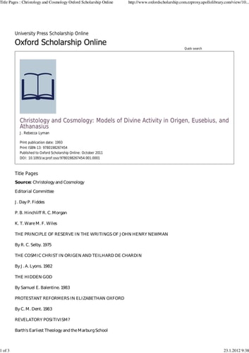 Christology and Cosmology: Models of Divine Activity in Origen, Eusebius, and Athanasius