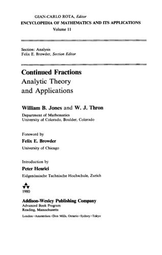 Continued Fractions: Analytic Theory and Applications