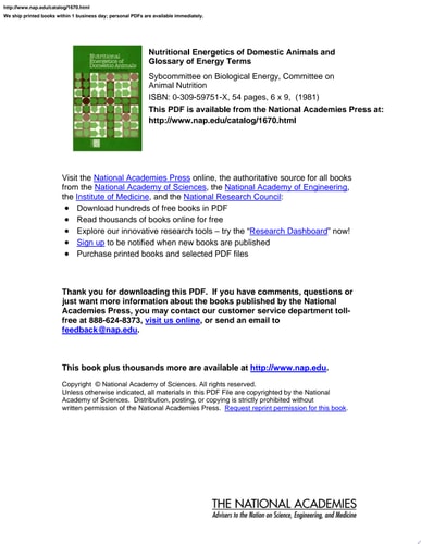 Nutritional Energetics of Domestic Animals and Glossary of Energy Terms