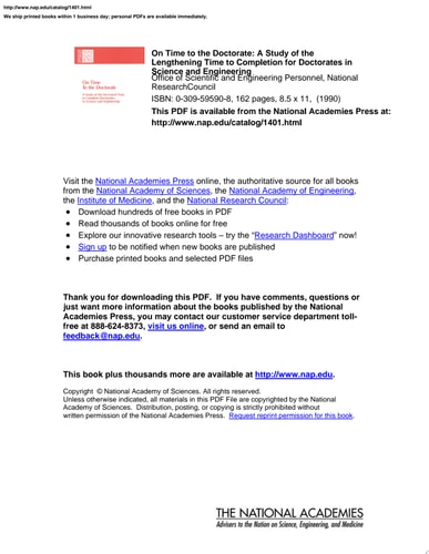 On Time to the Doctorate A Study of the Lengthening Time to Completion for Doctorates in Science and Engineering