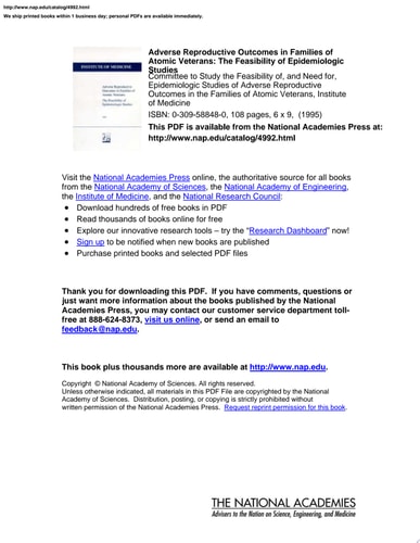 Adverse Reproductive Outcomes in Families of Atomic Veterans The Feasibility of Epidemiologic Studies