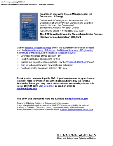 Progress in Improving Project Management at the Department of Energy 2001 Assessment