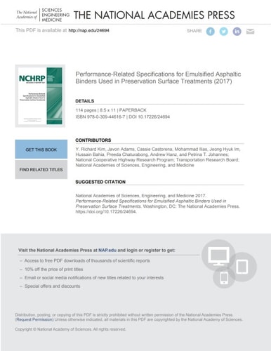 Performance-Related Specifications for Emulsified Asphaltic Binders Used in Preservation Surface Treatments