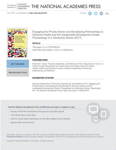 Engaging the Private Sector and Developing Partnerships to Advance Health and the Sustainable Development Goals Proceedings of a Workshop Series
