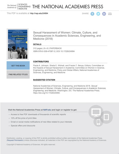 Sexual Harassment of Women Climate, Culture, and Consequences in Academic Sciences, Engineering, and Medicine