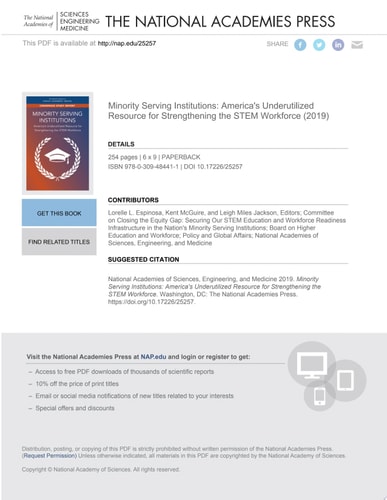 Minority Serving Institutions America's Underutilized Resource for Strengthening the STEM Workforce