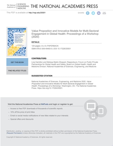 Value Proposition and Innovative Models for Multi-Sectoral Engagement in Global Health Proceedings of a Workshop