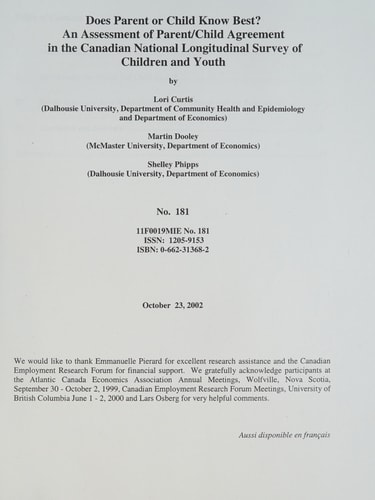 Does Parent Or Child Know Best? An Assessment of Parent/child Agreement in the Canadian National Longitudinal Survey of Children and Youth