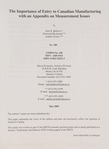 Importance of Entry to Canadian Manufacturing with and Appendix on Measurement Issues