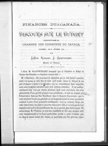 Discours sur le budget: prononcé dans la Chambre des communes du Canada, vendredi, le 25 février 1876